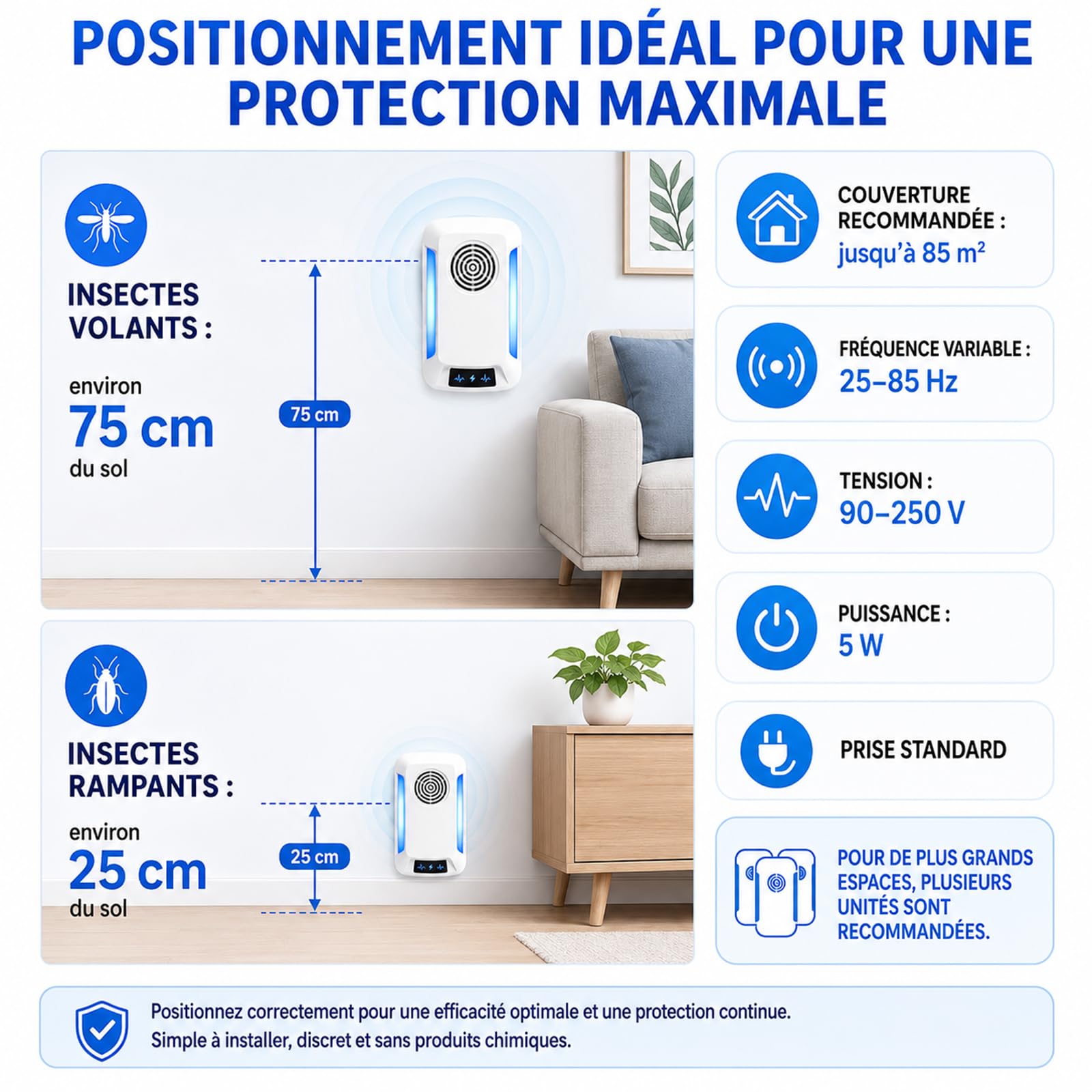 Répulsif À Ultrasons, Pack De 6, Repulsif Souris - Ultrason Souris et Rats - Anti Souris, Lutte antiparasitaire Efficace pour Les rongeurs, Moustique, Araignée, Cafard, Mouch