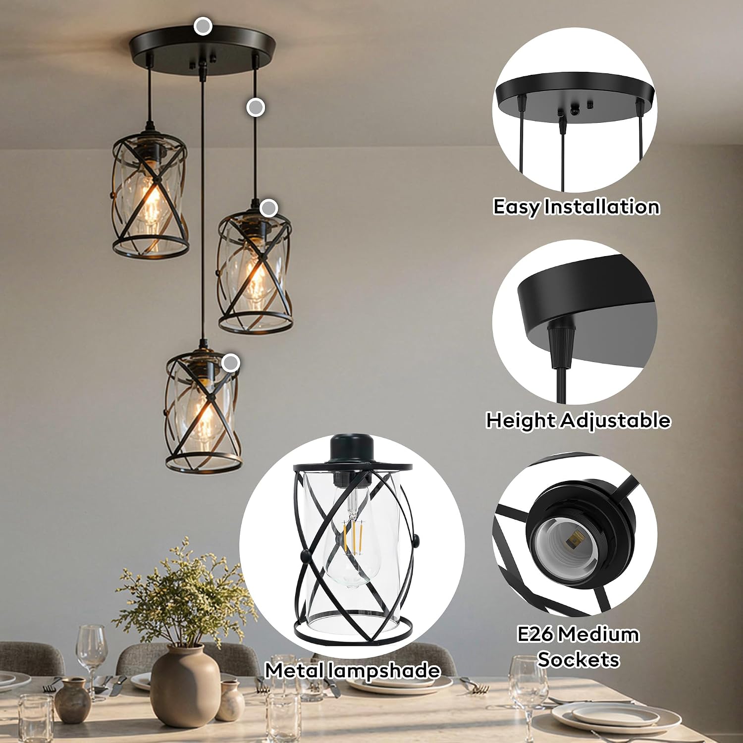 3 Light Pendant Lighting, Farmhouse Hanging Light Fixture for Kitchen Island & Dining Room, Industrial Vintage Ceiling Lamp with E26 Base, Adjustable Height, Matte Black with Glass Shades