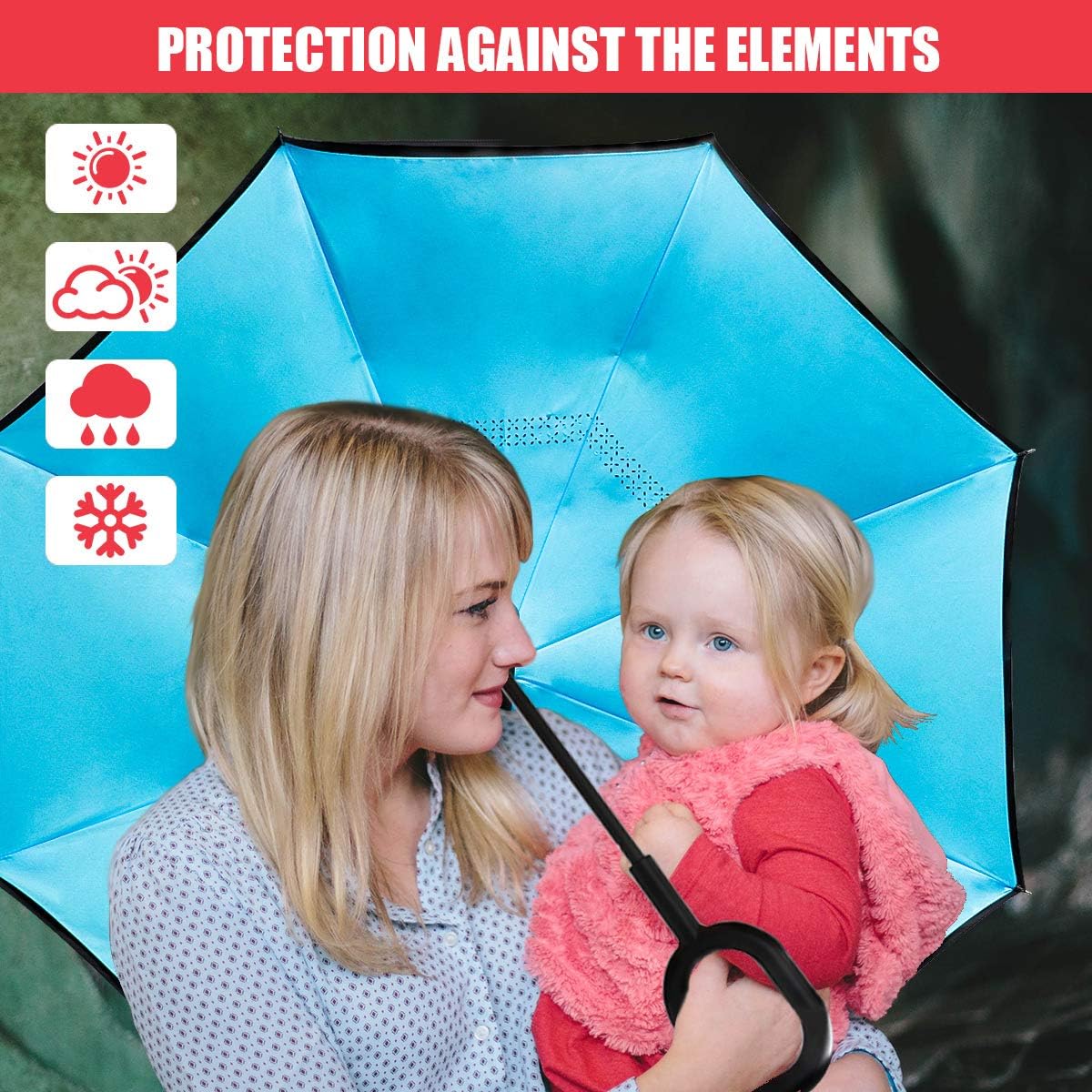 Monstleo Inverted Umbrella,Double Layer Reverse Umbrella for Car and Outdoor Use by, Windproof UV Protection Big Straight Umbrella with C-Shaped Handle and Carrying Bag (blue)