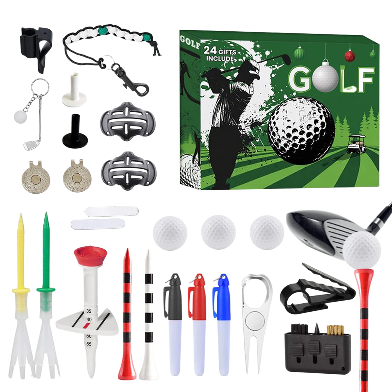 Weihnachts-Countdown-Kalender - 24 Weihnachts-Advent mit Golfbällen | Tees - Sportzubehör mit Ballmarker für Vatertag Geburtstag Party Büro Urlaub Liebhaber Papa Ehemann Freund