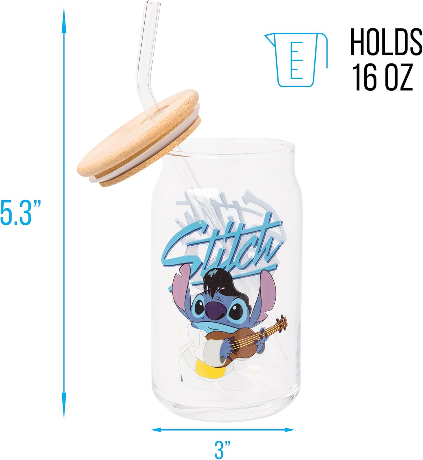 Silver Buffalo Disney Lilo and Stitch Glass Tumbler with Bamboo Lid and Glass Straw Featuring Stitch in an Elvis Costume, 16 Ounces - Image 2