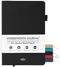 Wordsworth & Black A5 Mixed Media Journal 96 Mixed Pages, Leather Hardcover, 190 GSM Paper, Notebook for Work Journal and Sketches, Journals for All - Gift Box Included Black
