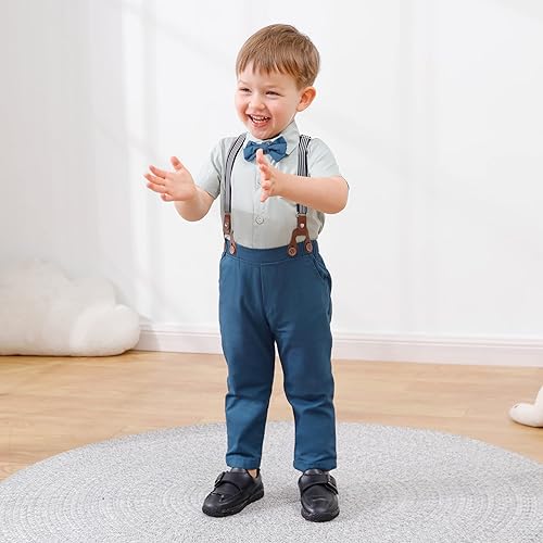 Miniatura 3 de DISAUR Conjunto de ropa para niño pequeño, trajes de caballero con camisa y pantalones de tirantes con corbatín, conjuntos elegantes para boda, 1-6