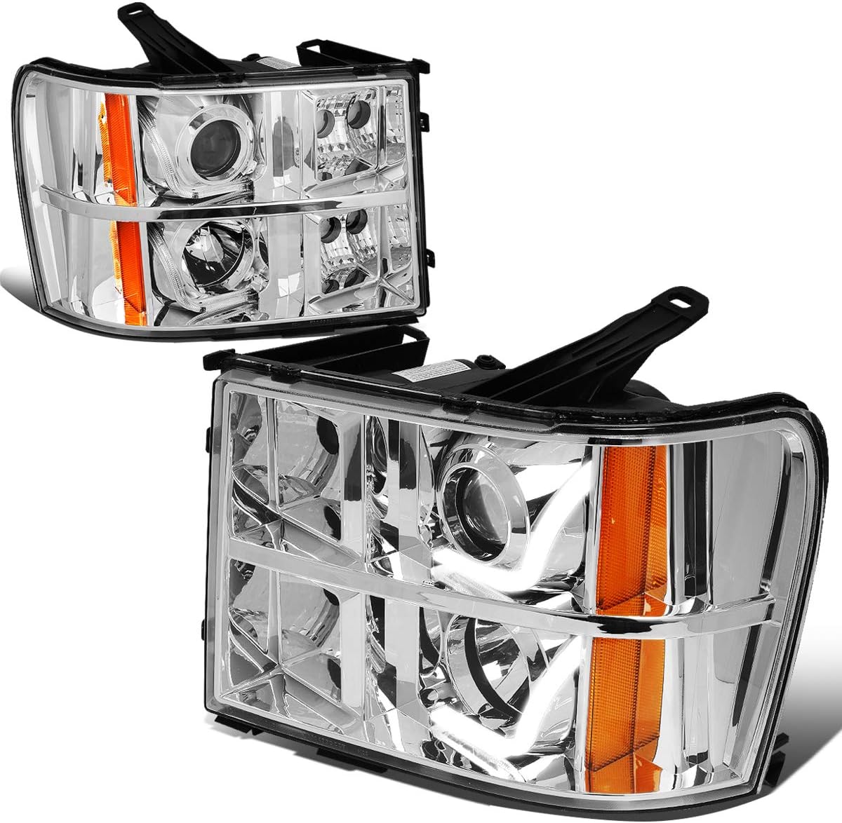 Auto Dynasty LED DRL Headlights Assembly Compatible with 2007-2014 GMC Sierra 1500 2500 3500, Driver Passenger Side Headlamps w/Dual L-Styling LED DRL, Projector Low Beam, Chrome Housing Amber Corner