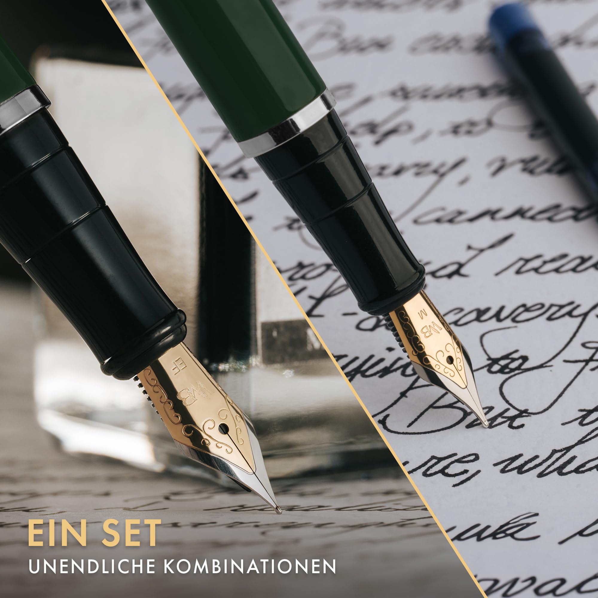 Wordsworth & Black Füller Geschenkset, Feder M & Extra Fein, Grünchrom | Füllfederhalter, Für Männer & Frauen, Messing, 18K Deutsches Iridium, Tintenfass + 6 Tintenpatronen, Konverter, Kalligraphie