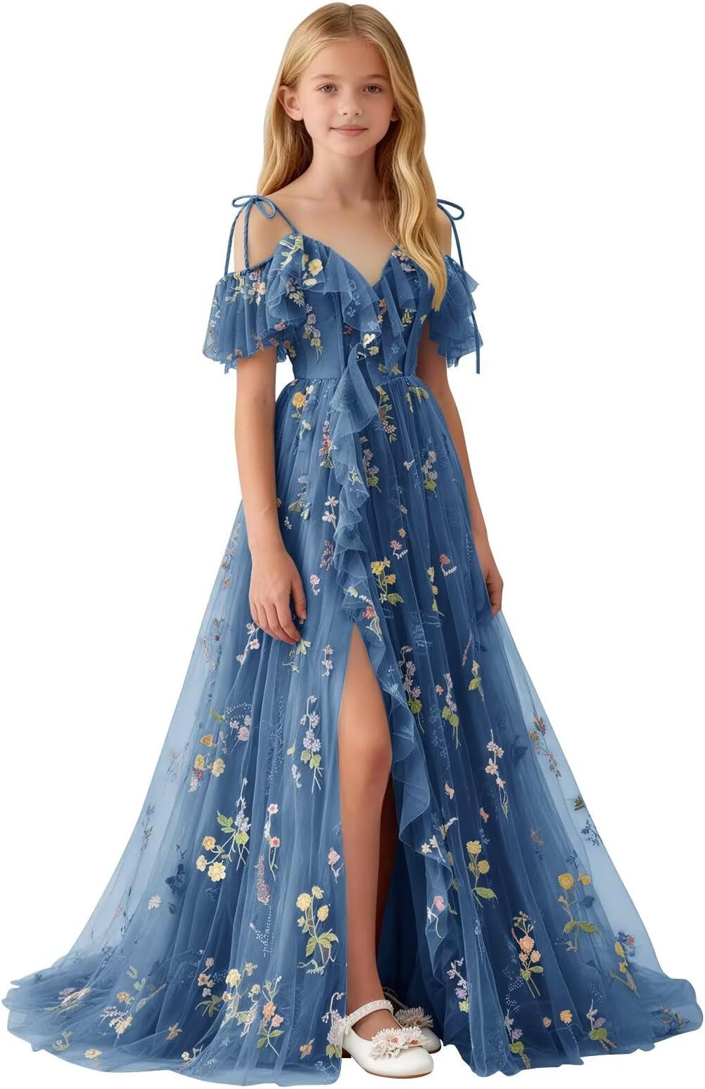Flower Embroidery Tulle Junior Bridesmaid Dresses with Slit Long Spaghetti Straps V Neck Fairy Formal Prom Gown