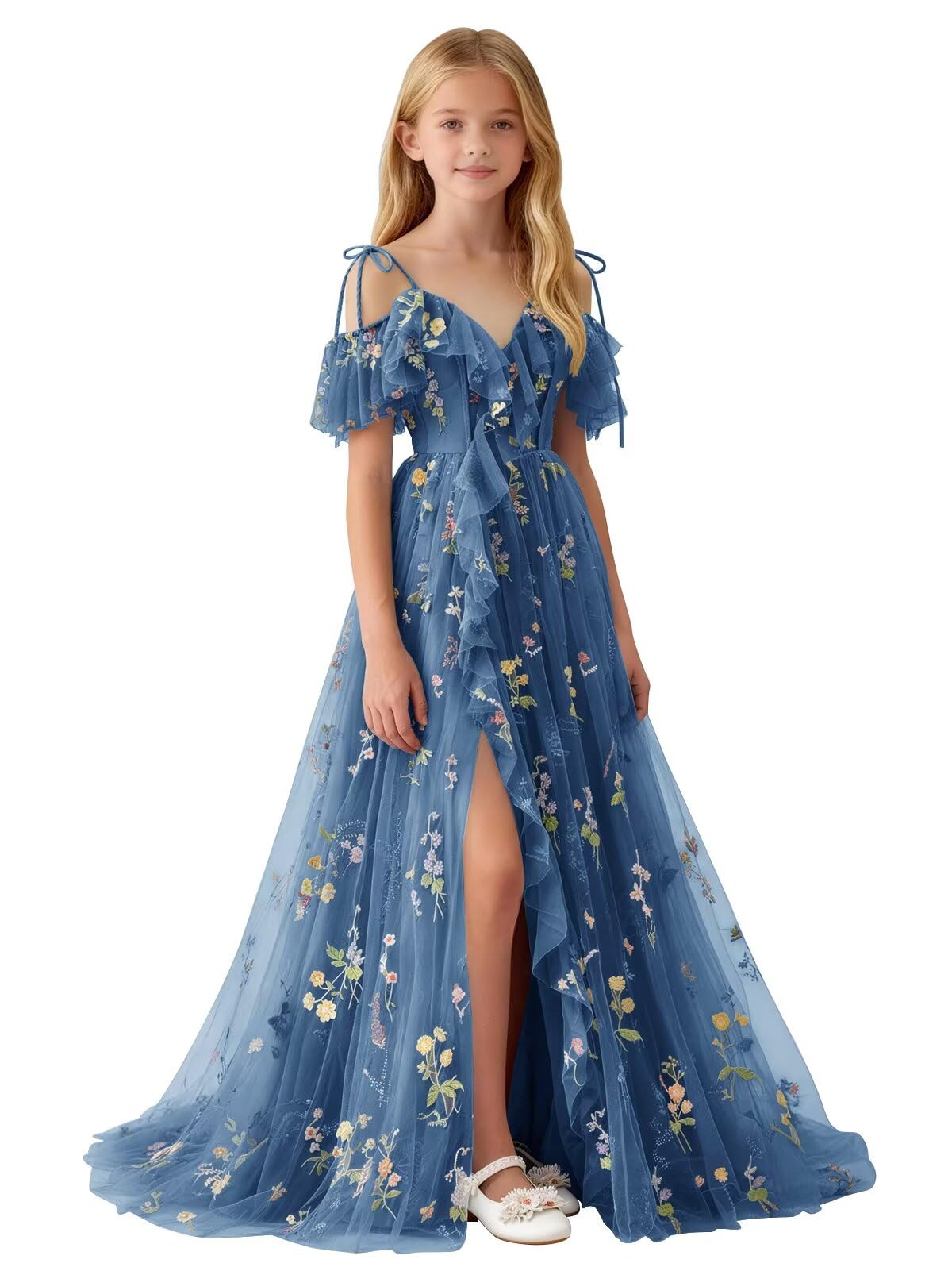 Flower Embroidery Tulle Junior Bridesmaid Dresses with Slit Long Spaghetti Straps V Neck Fairy Formal Prom Gown