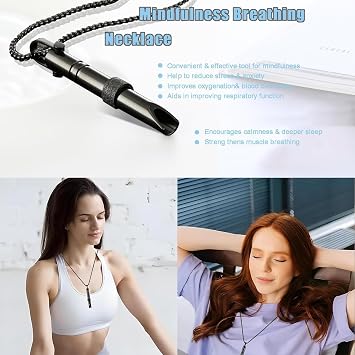 Calm Carry Portable Stainless Steel Whistle Necklace for Breathing Exercises, Meditation, Anxiety Gifts for Women (Black)
