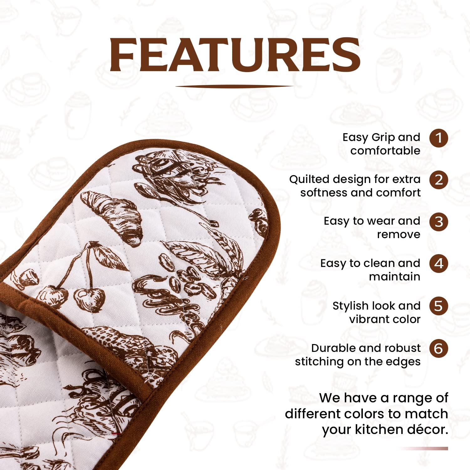 Guantes dobles de cocina para barbacoa, extra largos y gruesos, resistentes al calor, paño acolchado adjunto, 1 pieza de guantes de horno, 100% algodón, diseño de pastel marrón, soporte para ollas