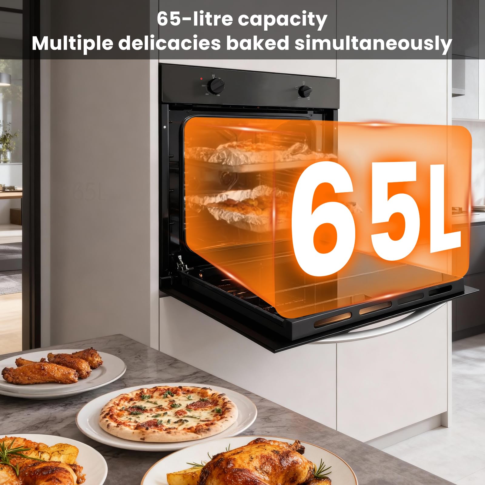 Electric Single Oven Built-in Integrated Black, Installed 65L 4 Functions Electric Single Oven Ideal for Family Cooking Easy Programmable Timer