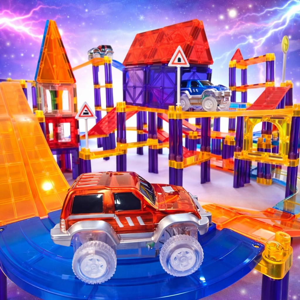 Wonder Toys 122 Pack Race Car Track Building Blocks Educational Toy Magnetic Tiles 2 Truck Play Kit - STEM Learning Building Kit - Coordination
