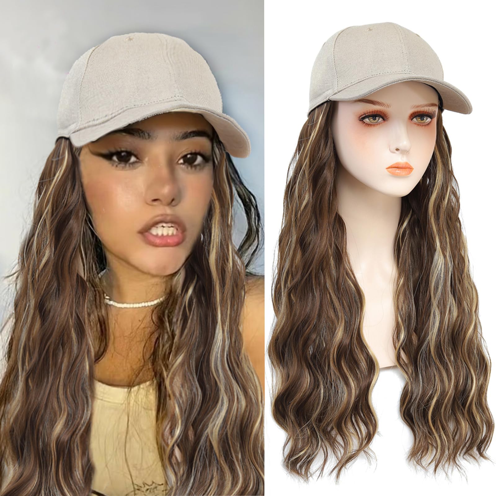 Yunkang Baseball Cap Wig Long Natural Wavy Hair Extensions With Hat Heat Resistant Synthetic Mix brown blonde Fiber Hairpieces Adjustable Wig for