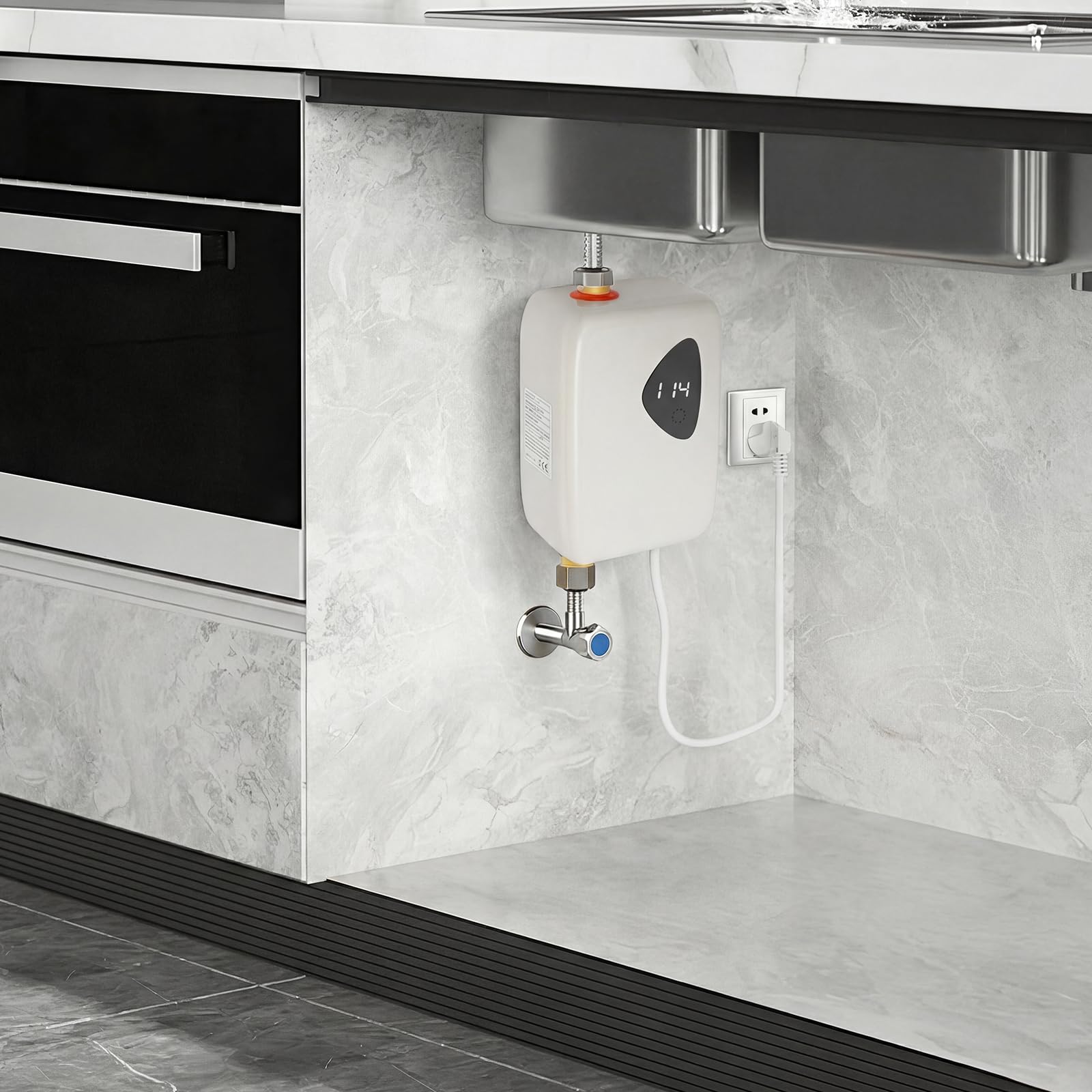 Scaldacqua istantaneo elettronico, 3800 W, scaldacqua da cucina, senza serbatoio, con indicatore di temperatura a LED, piccolo scaldabagno elettrico istantaneo per cucina, bagno, grigio