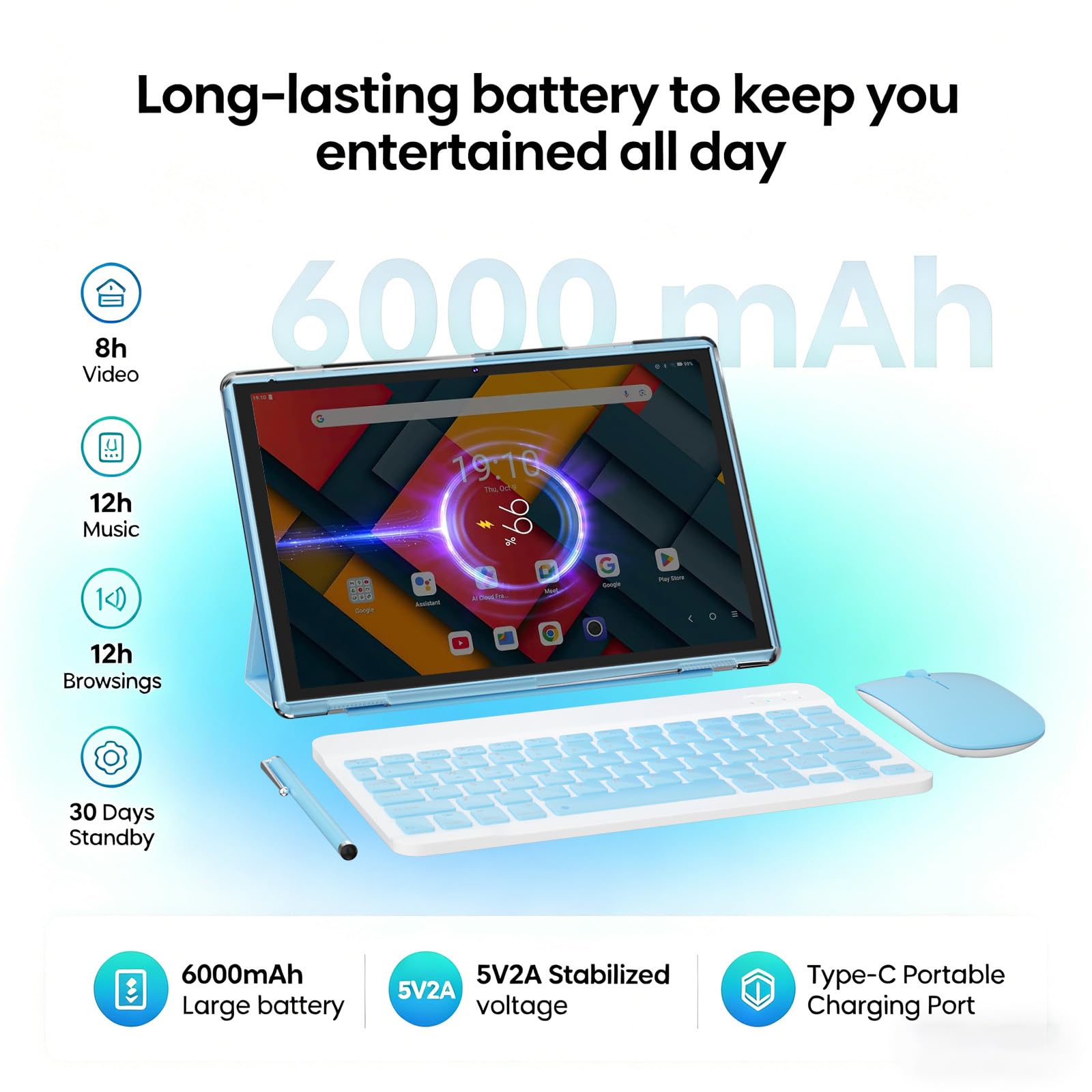 Tablette 2 en 1 Android 14 tablettes avec clavier 10", étui avec stylet souris, film trempé, tablette 6 000 mAh, 6 Go + 32 Go de ROM, tablette extensible 1 To, double caméra 2 MP + 8 MP, WiFi BT