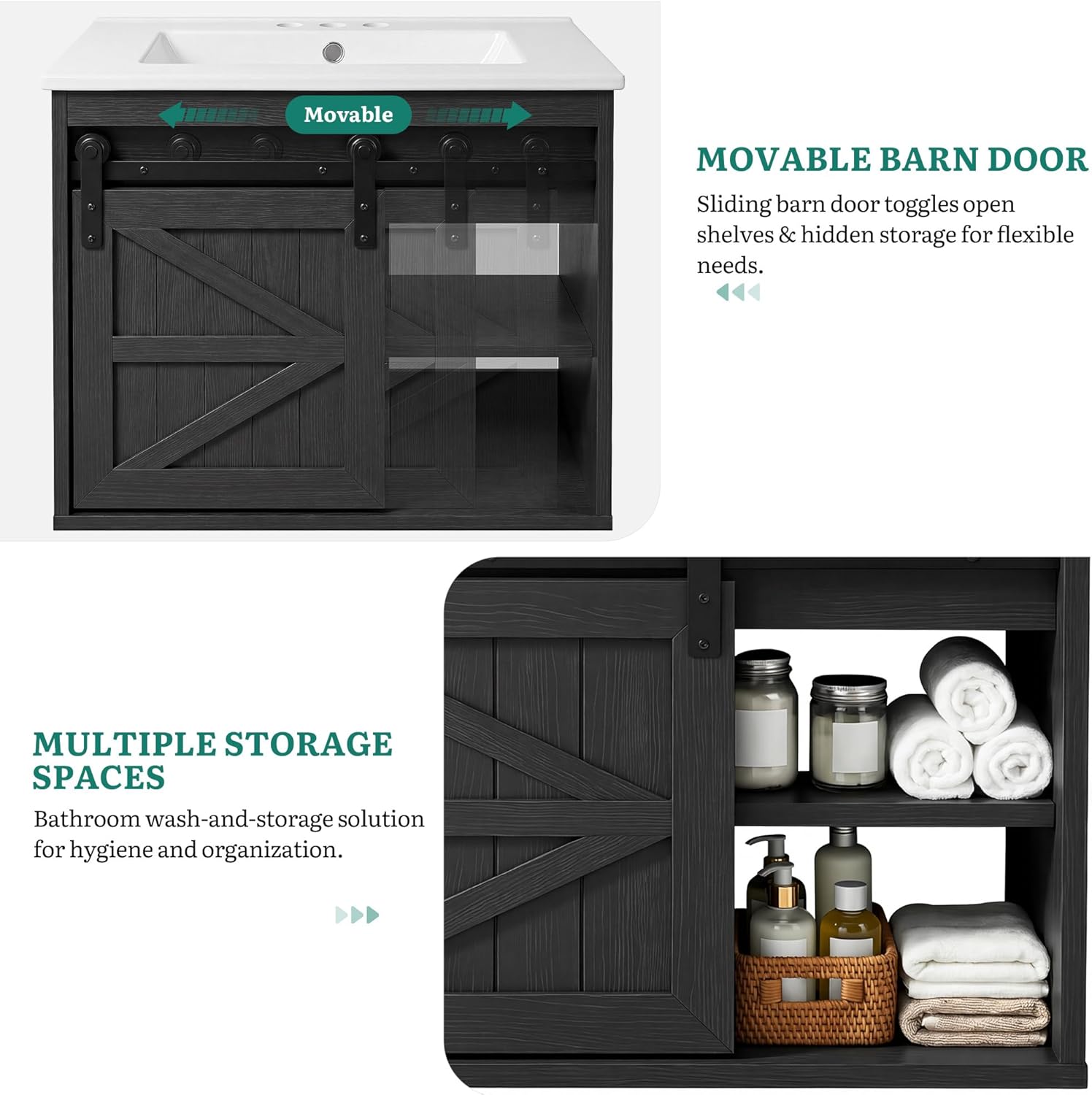 DWVO 24" LED Bathroom Vanity with Sink, Farmhouse Sliding Barn Door Bathroom Cabinet, Bathroom Vanities, Wall Mounted Floating Cabinet for Small Spaces