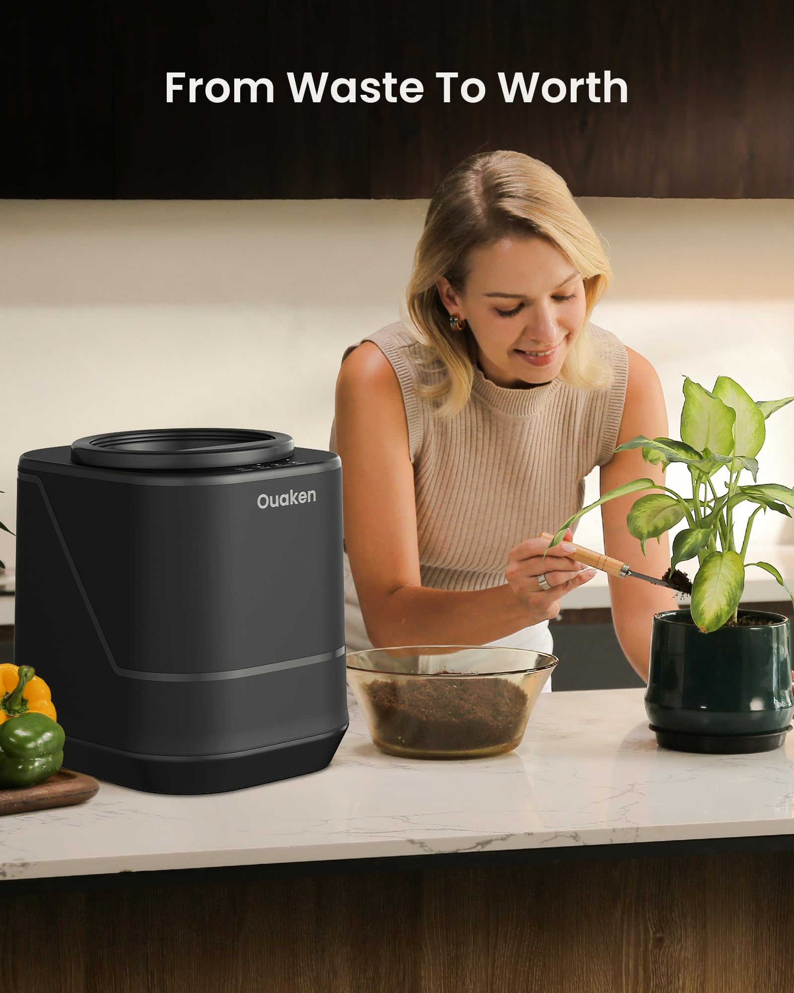 Compostador eléctrico para cocina – Contenedor de compostaje interior para encimera de 4 litros, inteligente, sin olor, convierte los residuos de cocina en fertilizantes, fabricante de abono de bajo 8