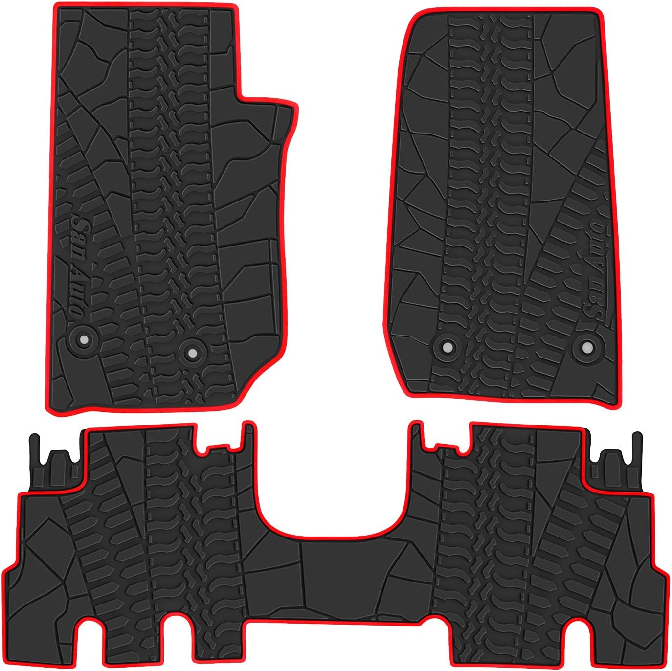 San Auto Car Floor Mat for Jeep Wrangler Sahara Rubicon JK 4 Door 2014 2015 2016 2017 2018 Full Set 4 Pieces Custom Fit Black Red Rubber Auto Floor Liner Mat All Weather Heavy Duty Odorless