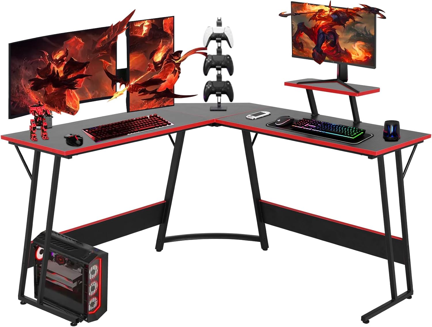 51 inch L Shaped Gaming Desk, Computer Desk for Bedroom, Black L shaped Desk for Gaming,Home Office Desks with Detachable Monitor Stand, Corner Desk for Small Place,Large,Carbon Fiber,Black desk