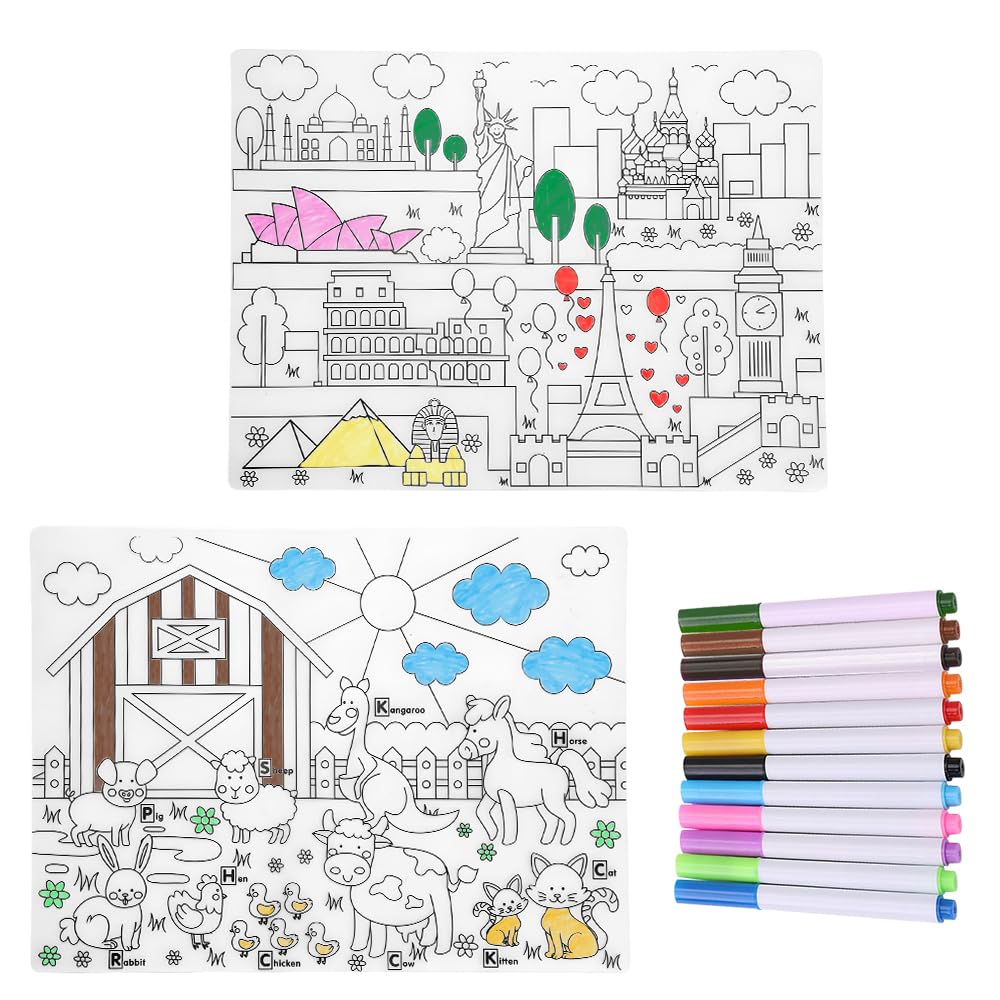 Restaurant Entertainment For Children Kids Coloring Placemats Set Of 2 ...