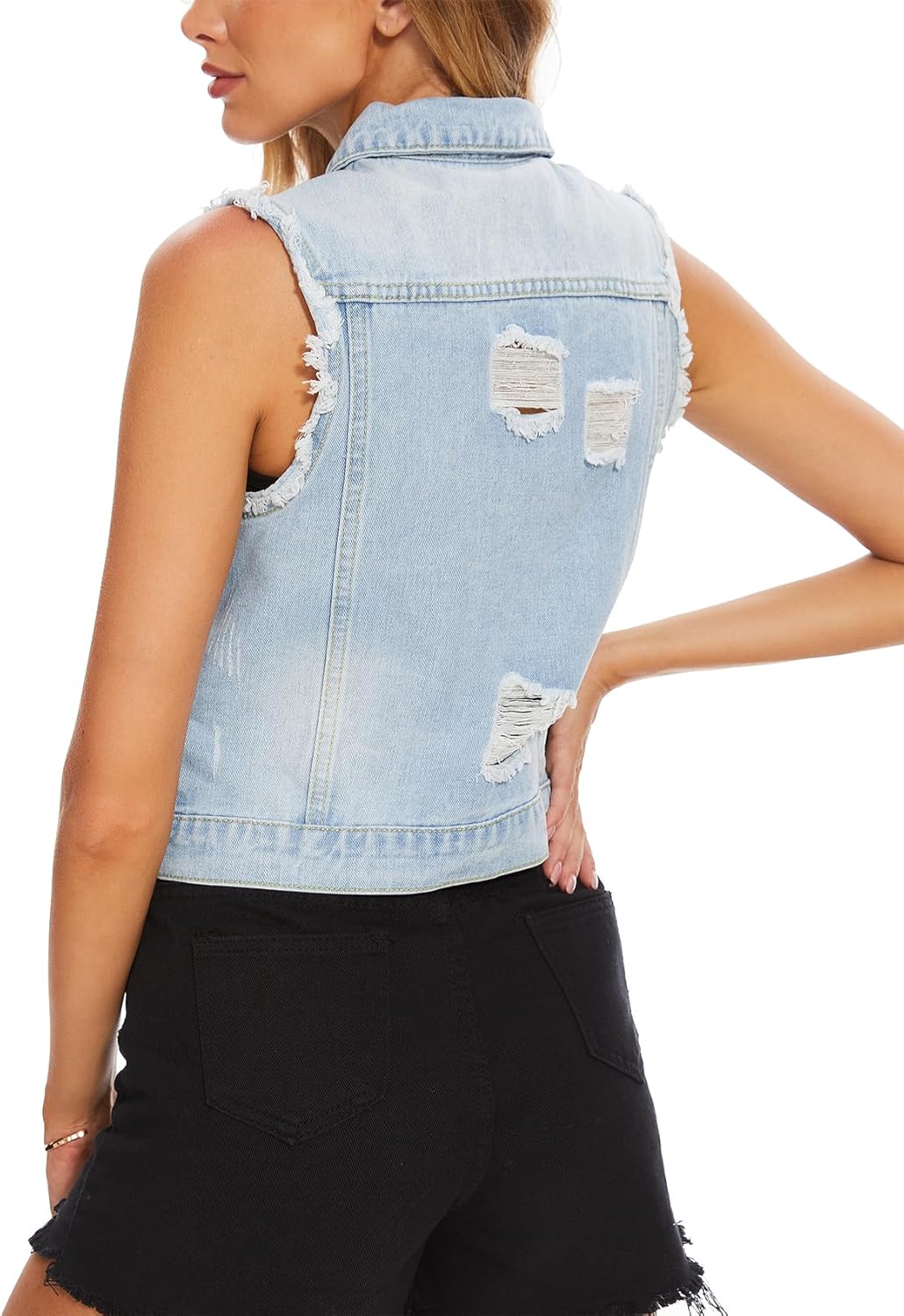 MISS MOLY Women's Ripped Denim Vest Cropped Distressed Classic Sleeveless Jean Vest Jackets With Flap Pockets - Image 5
