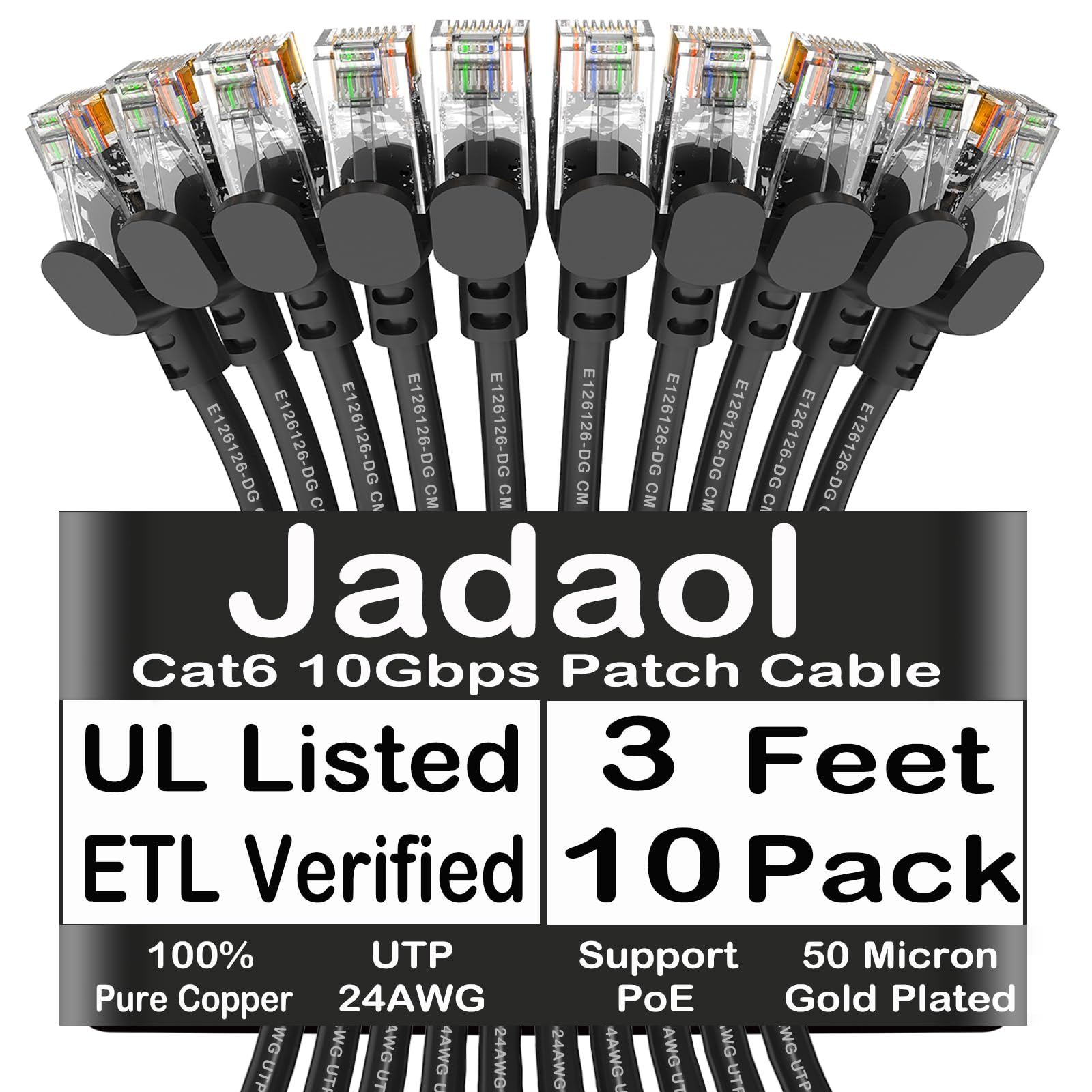 Jadaol Cat 6 Ethernet Cable 3 ft 10Pack, Outdoor&Indoor, 10Gbps Support Cat8/7 Network, 24AWG Pure Copper Patch LAN Cord, Direct Burial Waterproof UV Resistant for Router, Modem, Switch, Server, Black