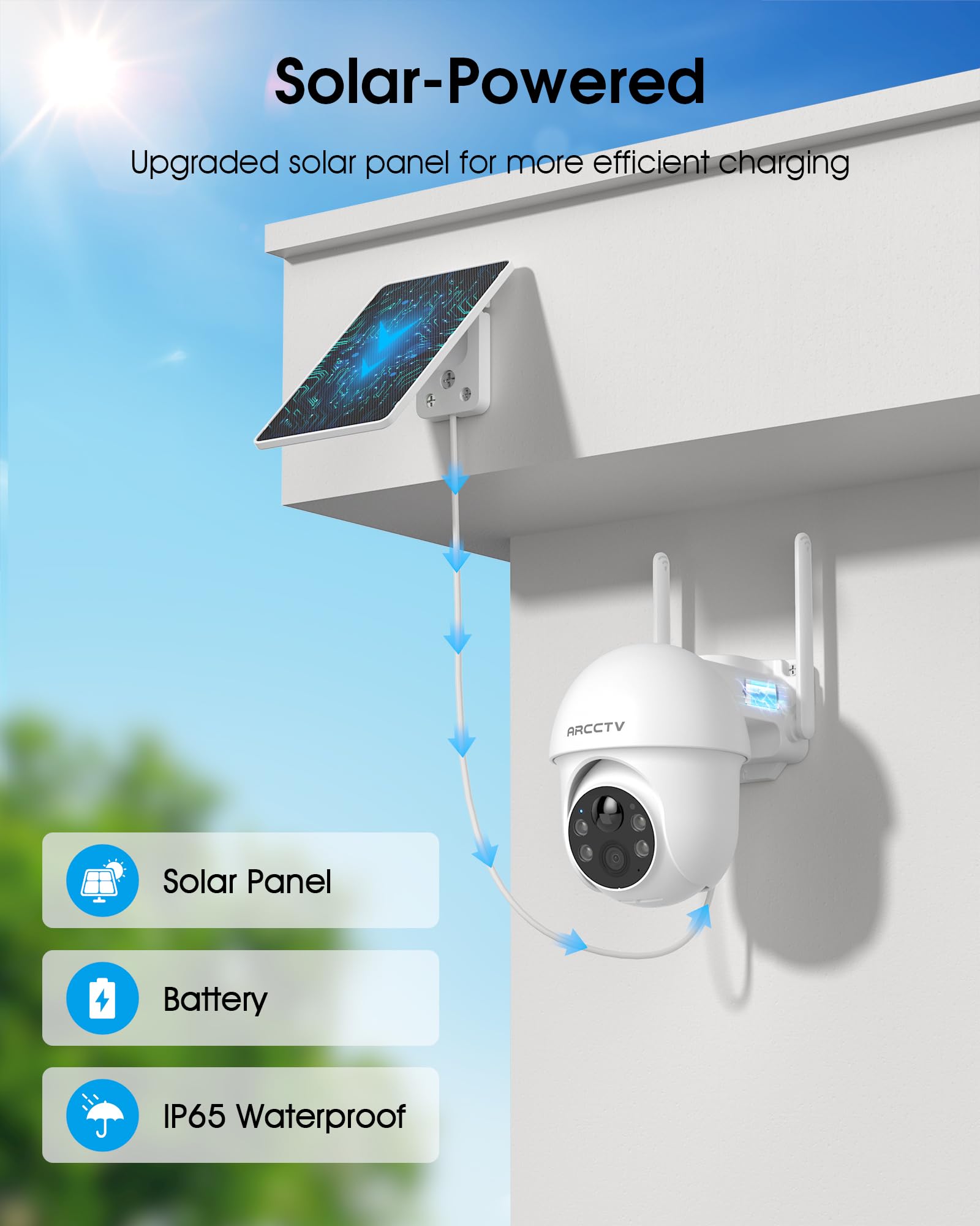 Condition photo showing New/Like New for arcctv solar security cameras wireless outdoor, 4mp 360° view battery powered outdoor camera, night vision with spotlight, 2-way audio, pir motion sensor, 2.4g/5g dual band wifi (2 pack)