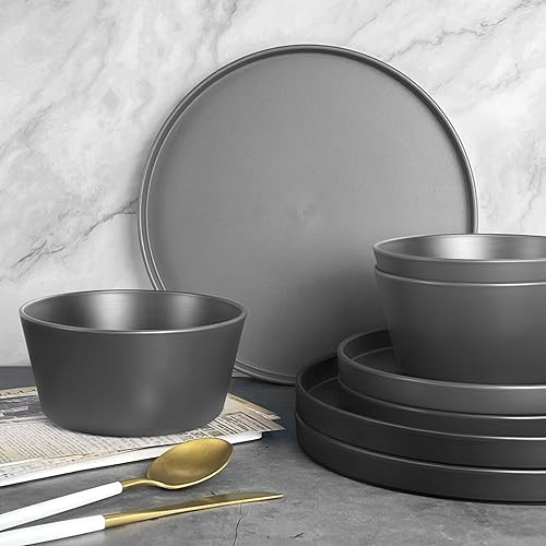 Miniatura 4 de Teivio Juego de vajilla de plástico de 24 piezas de paja de trigo, servicio para 6, platos llanos, platos de postre, cuencos para cereales, vasos,