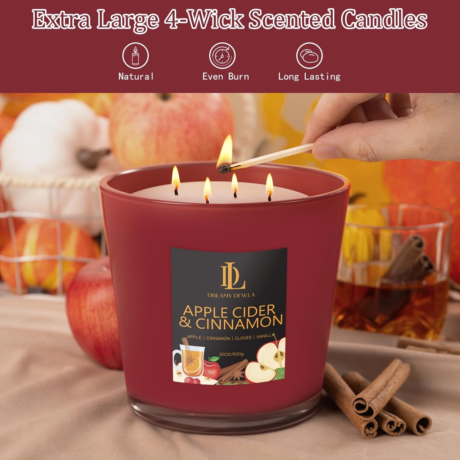 Large Fall Candle Apple Cider & Cinnamon Scented, 4 Wick Natural Soy Candles for Home Scented, 30oz Big Autumn Candle Long Lasting, Home Aromatherapy Candles Housewarming Gift for Women Men - Image 4