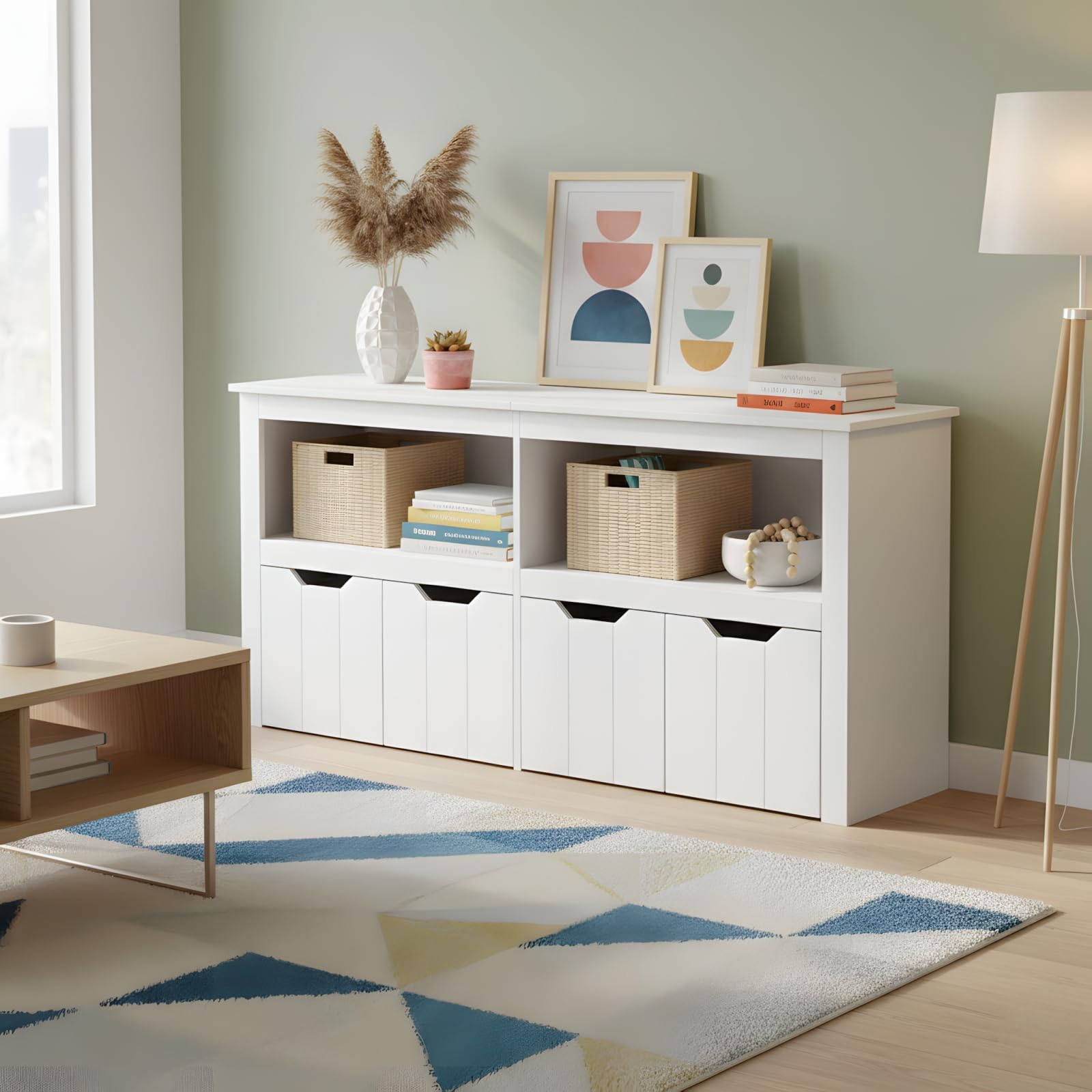 Meuble Rangement Enfant avec 2 Compartiments et 4 Tiroirs Roulants, Meuble de Rangement Jouets Enfant Bibliothèque pour Salon Chambre d’Enfant Salle de Jeu (Blanc, 120 x 33 x 61.5 cm)