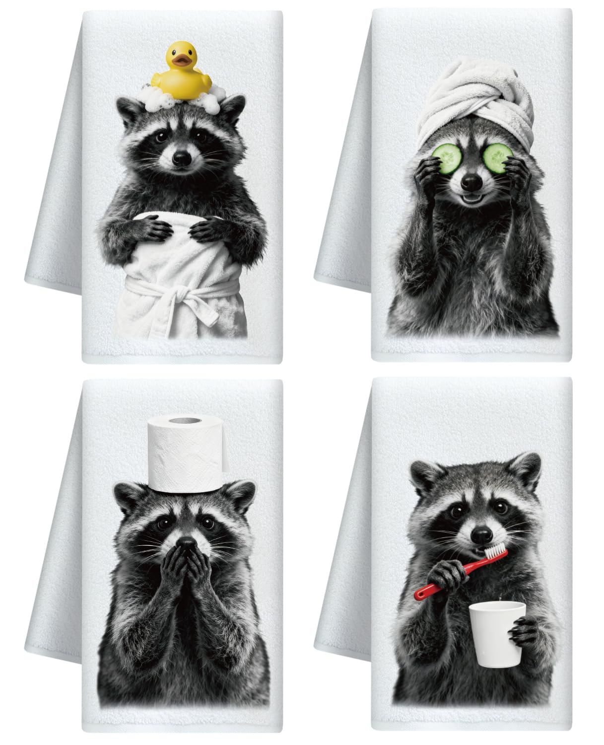 CUTHOLLOW 4Pcs Cute Raccoon Kitchen Towels Cute Tea Towels