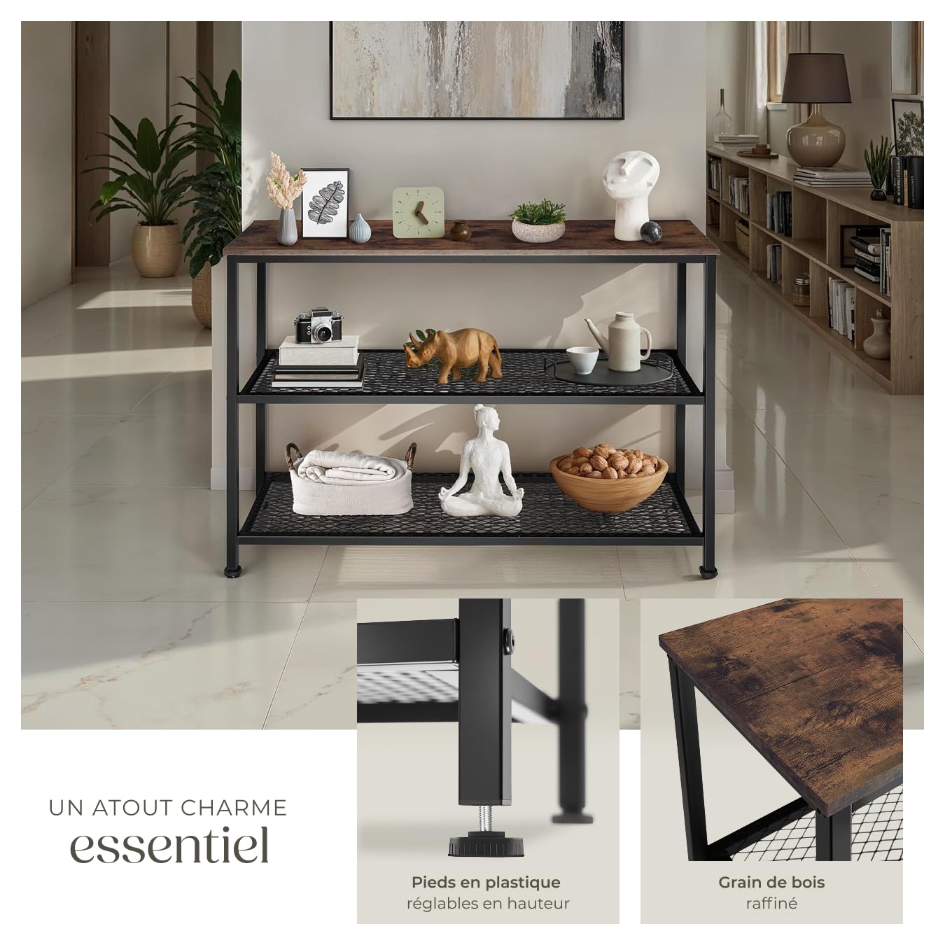 tectake® Console Meuble Bristol 100 x 30 x 81 cm, Style Industriel linéaire Cadre en Acier Robuste, Console Entree Meuble d'Entrée Couloir Salon Bureau, Décoration Maison, Couleur Bois Foncé