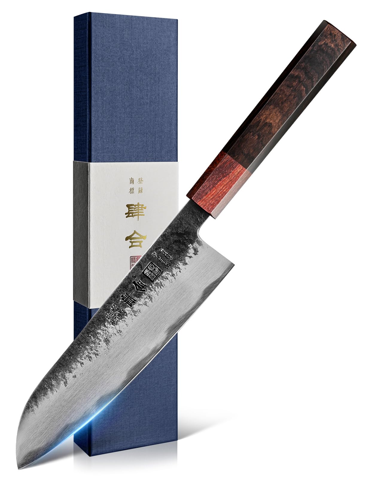 kanngou Japanisches messer 18 cm Santoku Kochmesser, Extra Scharfes Küchenmesser aus AUS-8 Stahl mit Ebenholz- und Rotholzgriff und Geschenkbox