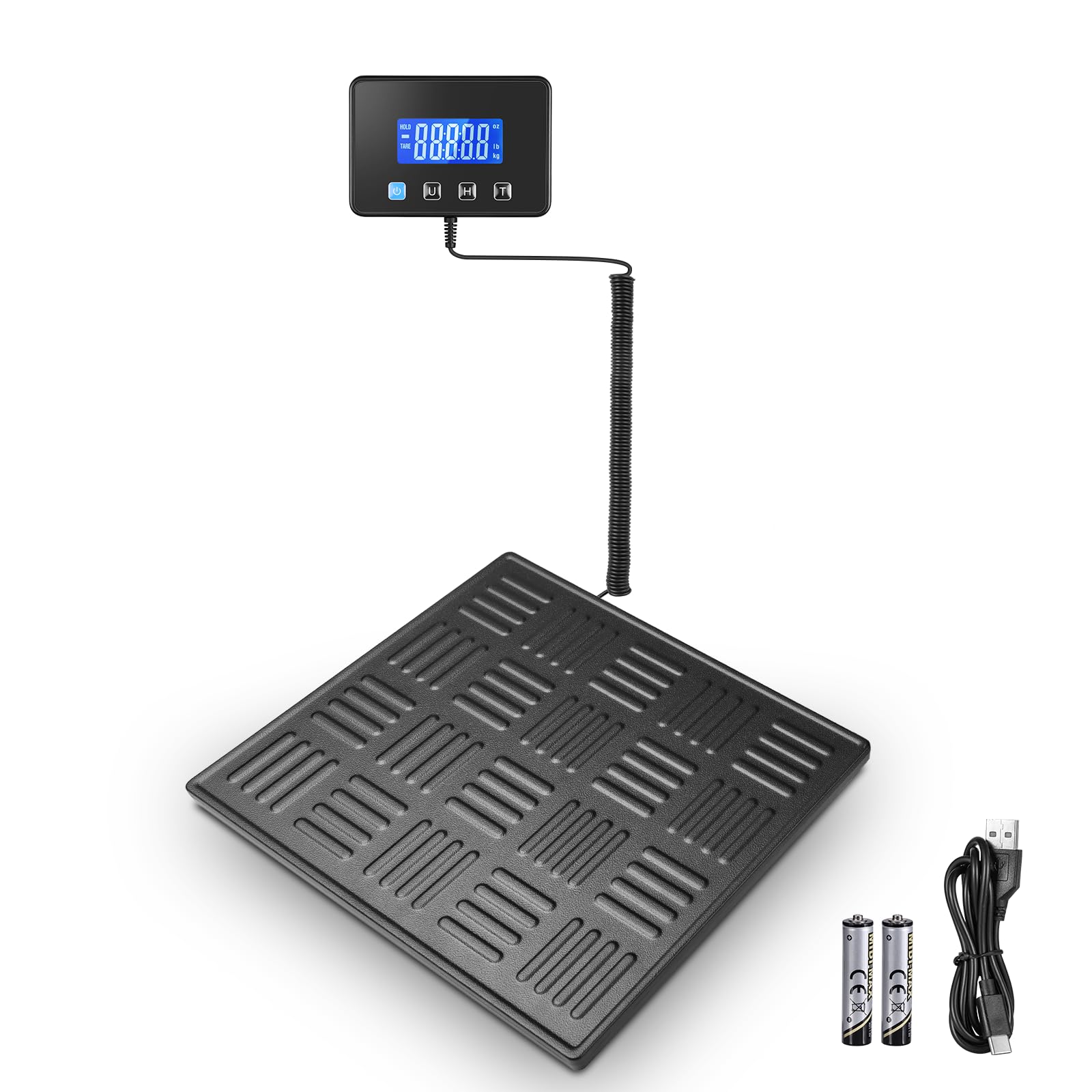 Bilancia Pesa Pacchi 300kg Digitale, Bilancia Postale con Funzione Hold/Tare, Schermo LCD Separato, Piattaforma Grande, Alimentazione a Batteria e USB, Ideale per Piccole Imprese e Pacchi