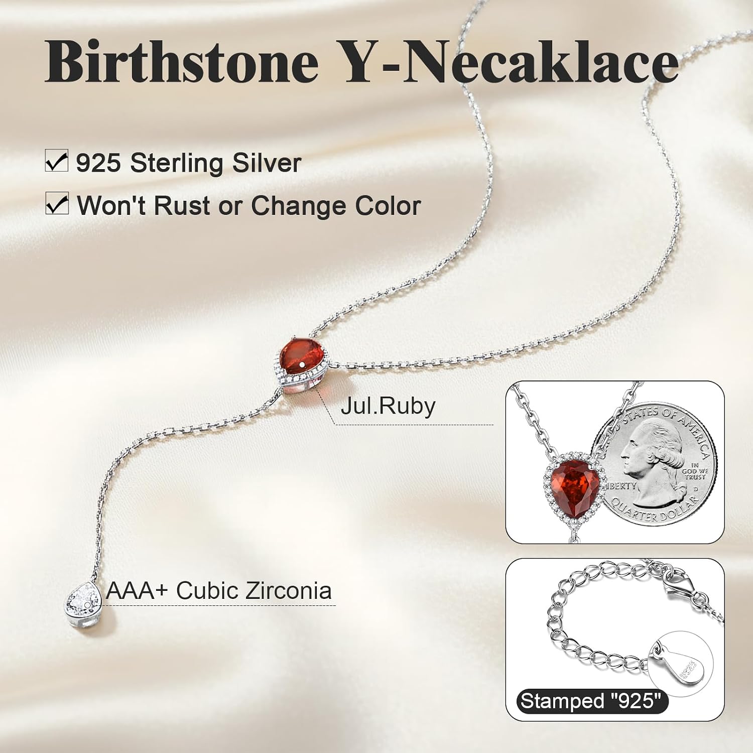 FOCALOOK 925 Sterling Silver Birthstone Long Pendant Necklace 16"-18" Y Drop Adjustable CZ Teardrop Lariat Necklaces for Women Mom Birthday Jewelry