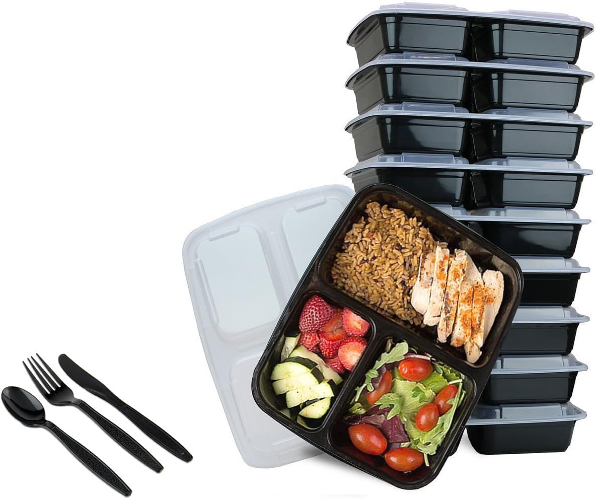 PACKNCO BPA Free Bento Lunch Boxes with 3 Compartment, Lids and 8-Piece Cutlery Set, 36 Ounce, Pack of 8