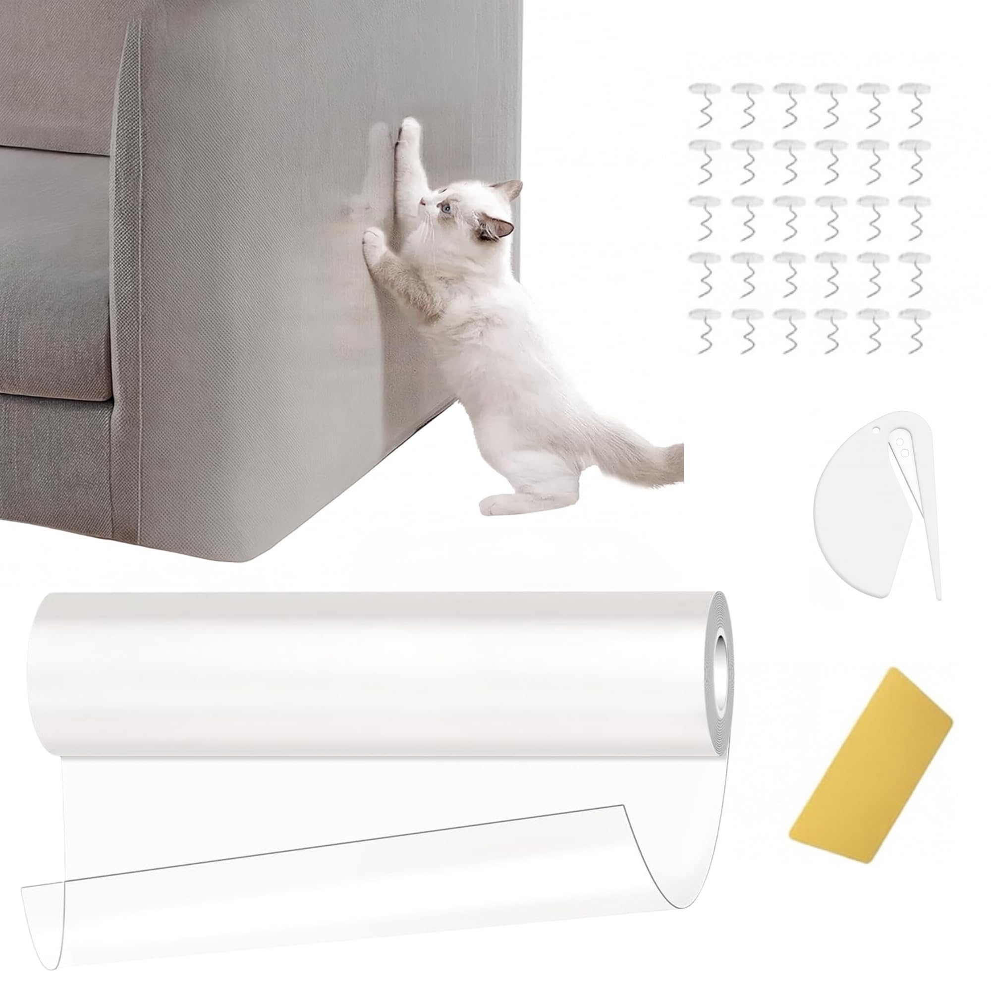 Protector Sofa Gatos arañazo y Perros Transparente XXL 45×500cm| Plástico Tela antiarañazos autoadhesiva Recortable| Protector Sofa Gatos Tela, Cuero, Puertas| Kit Completo Montaje| Cat Scratcher