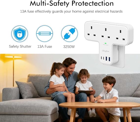 Multi Plug Adapter, 7 in 1 Plug Extension Socket 3 Way with 4 USB, Plug Adapter UK, Wall Socket Plug Extender for School Home, Kitchen, Office, White
