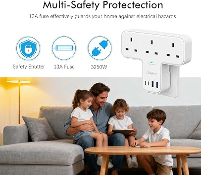 Multi Plug Adapter, 7 in 1 Plug Extension Socket 3 Way with 4 USB, Plug Adapter UK, Wall Socket Plug Extender for School Home, Kitchen, Office, White