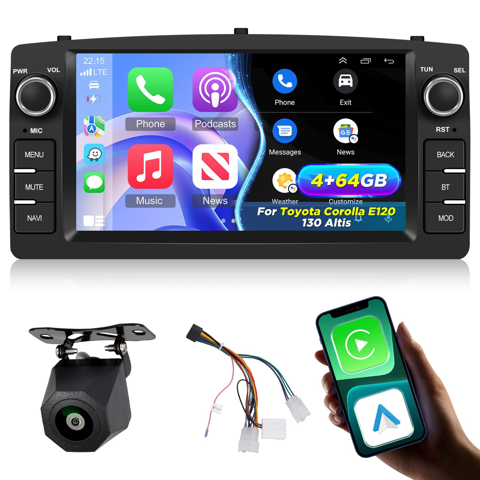 Photo 1 of [4+64] Volxcereo Car Radio for Toyota Corolla E120 E130 Altis 2000-2006 BYD F3, 7 inch Android Touchscreen Stereo with Carplay/Android Auto, GPS, WiFi, Bluetooth, SWC, FM/RDS, Rearview Cam