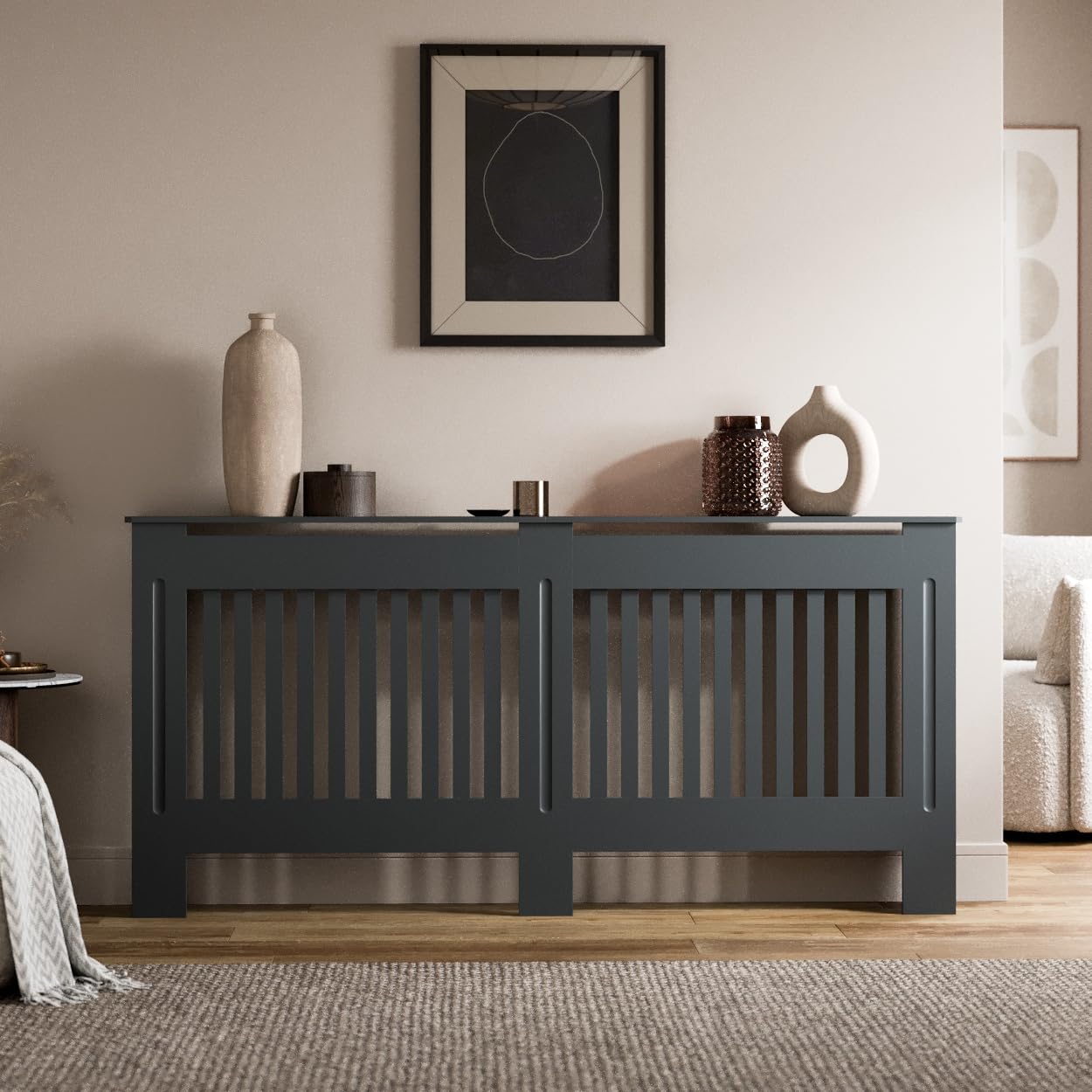 Radiant Living Anthracite Radiator Cover Vertical Slat Design, Modern Grey Mdf Radiator Cabinet For Living Room & Bedroom, Extra Large 172 X 81.5 X 19Cm