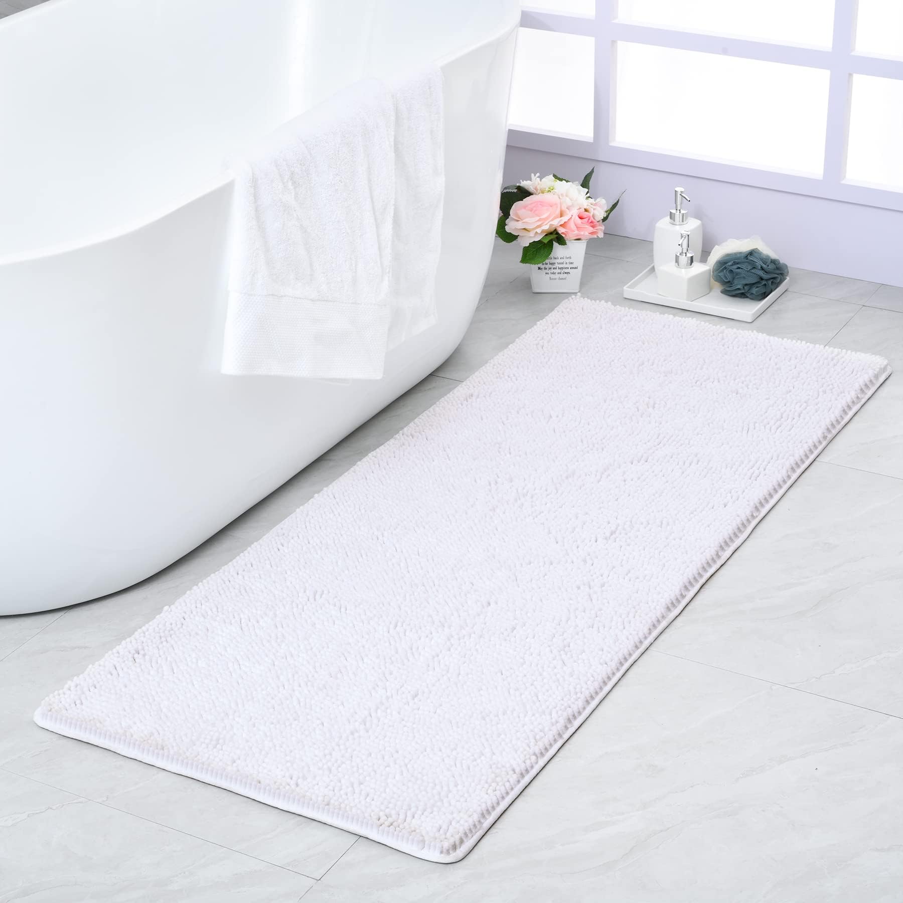 NoahasWhite Long Bathroom Rugs Runner 24''x60'',Absorbent Bath Mats for Bathroom Non-Slip,Washable Carpet,Soft Plush Chenille Shower Mats for Bathroom,Shaggy Durable Bath Rugs with Rubber Backing