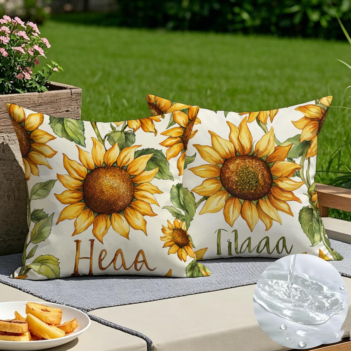 Lot de 2 housse de coussin 60x60 en lin jaune à fleurs pour canapé