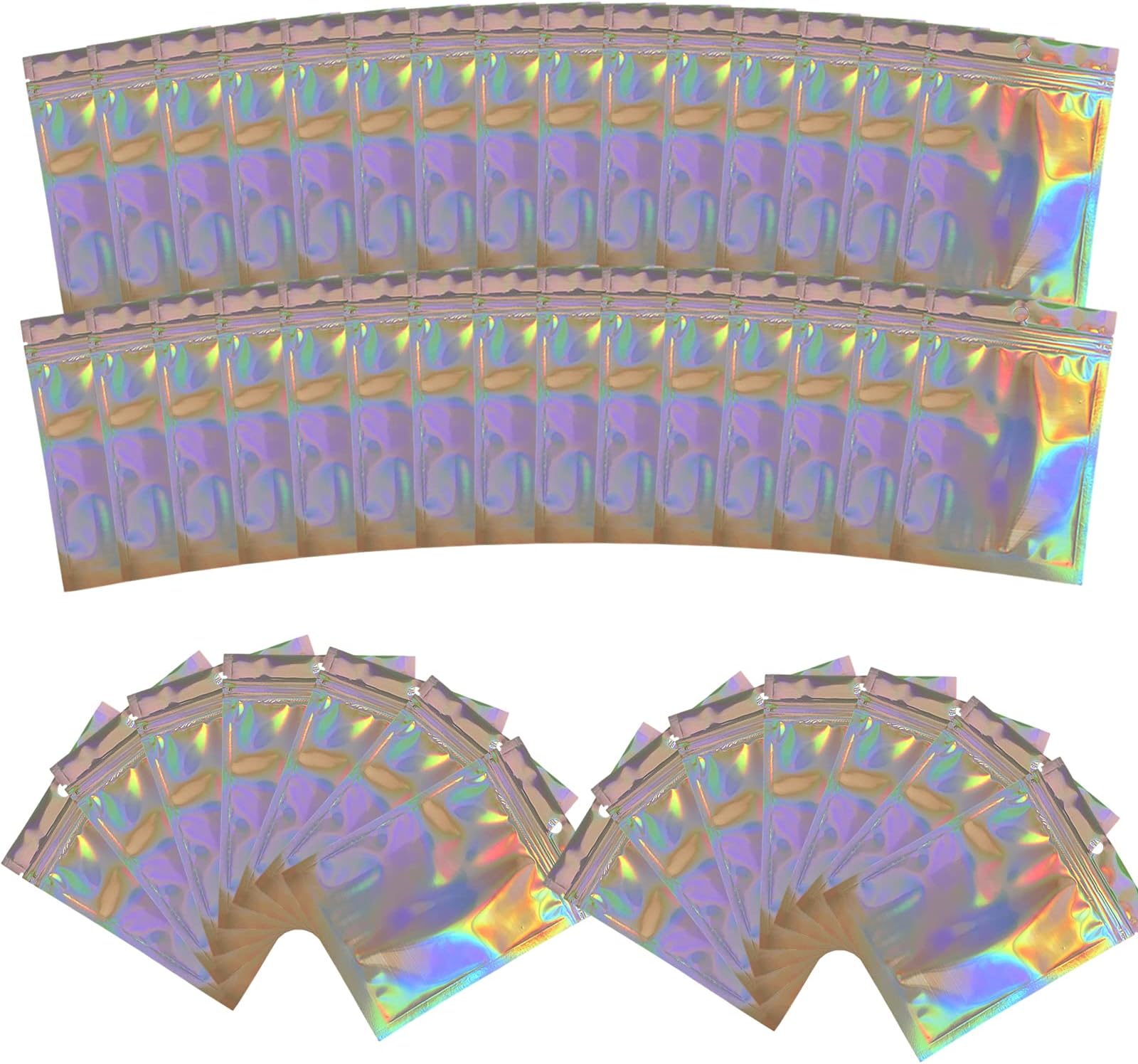 VEGCOO Holographic Packaging Bags - 95 Pcs Mylar Zip Lock Bags, Golden Foil Clear, Resealable, Smell Proof, Party Food, Candy, Cookies, Snack, Jewellery Storage (10 * 15cm)