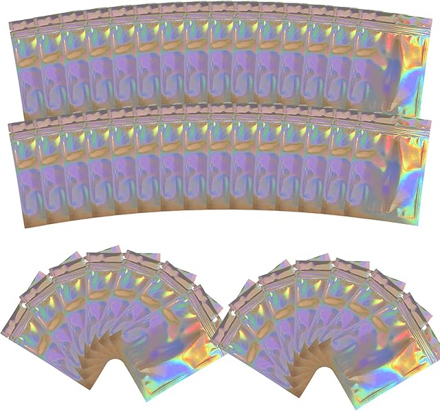 95 Pcs Holographic Packaging Bags, VEGCOO Mylar Zip Lock Bags Foil Clear Golden Bags, Resealable Smell Proof Bags for Party Food Candy Cookies Snack Jewellery Storage (10 * 15cm/95 Pcs)