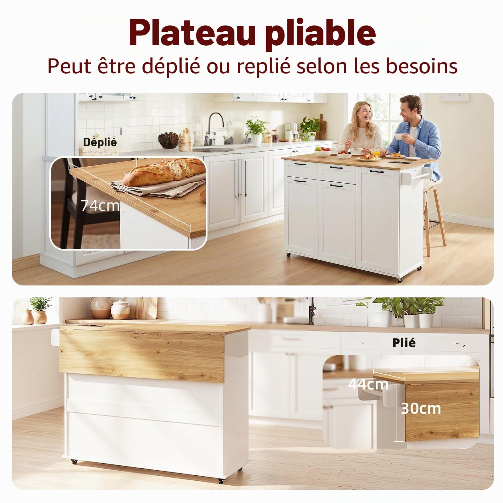 Îlot Central, Desserte Îlot de Cuisine sur roulettes, avec 2 Prises et 2 Ports USB, 119,5 x 44–74 x 94 cm, pour Cuisine et Salle à Manger, Blanc