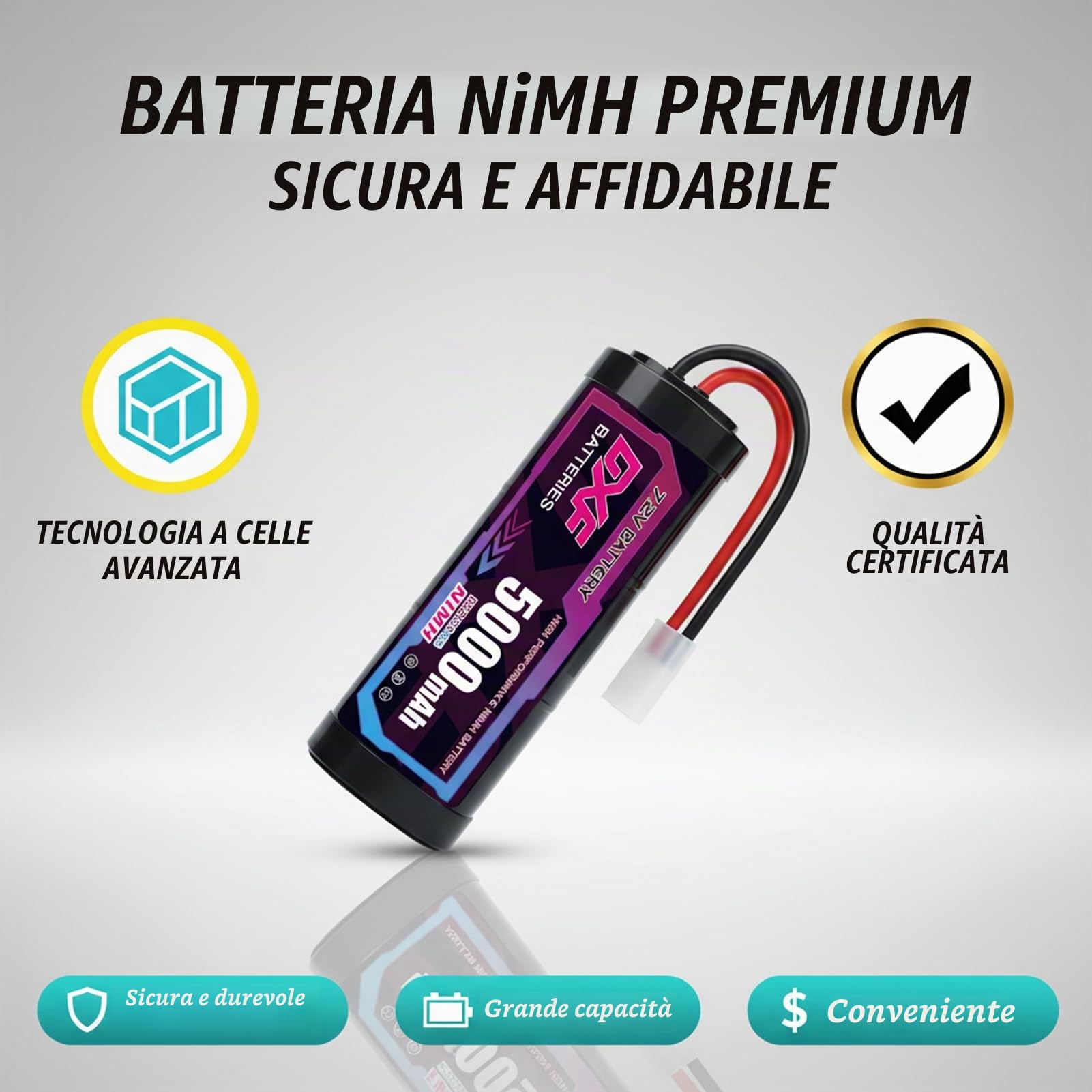 DXF Batteria NiMH 7.2V 5000mAh Ricaricabile Spina Tamiya Deans Compatibile Auto RC 1/10 Truck Barca Aereo Elicottero Fuoristrada Nessun Effetto Memoria 2 Pezzi