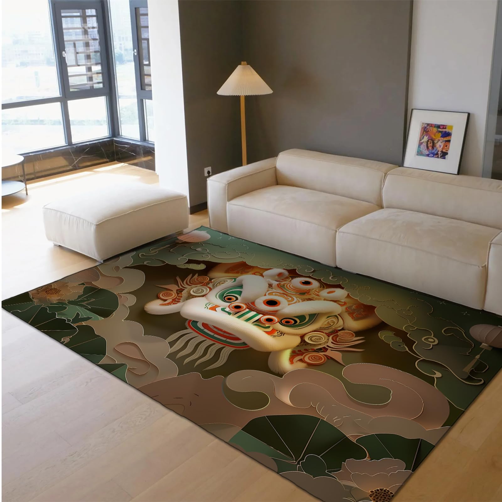Tappeto artistico per taglio della carta 3d 180x240cm - Tappeto sottile a pelo basso antiscivolo tradizionale con modello di danza del leone carino tradizionale per lavanderia