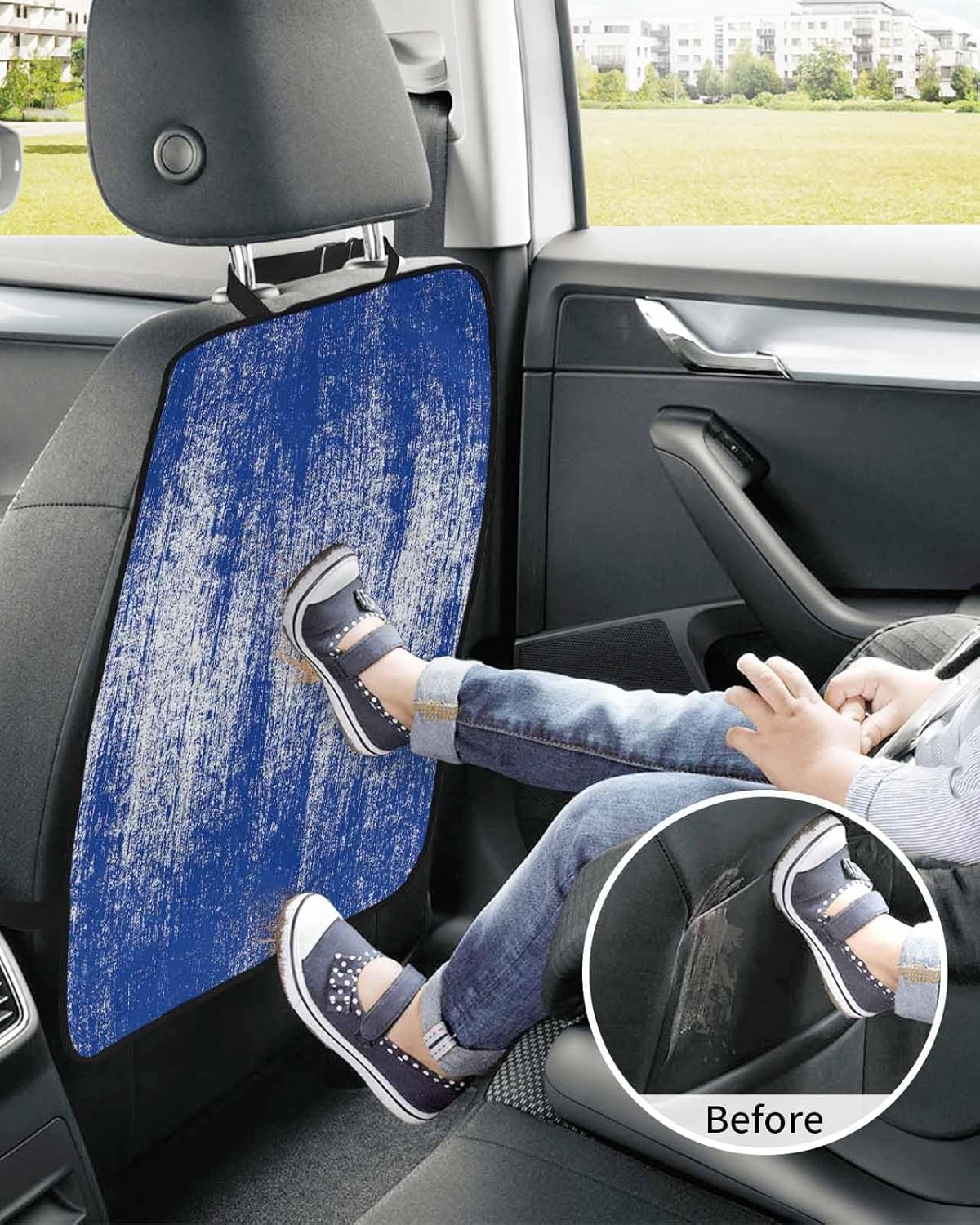 Car Seat Protector, 2 Pack Kick Mats Back Seat Protector Abstract Geometric Hand Drawn Ombre Blue Brush painting Waterproof Backseat Cover for Kids Universal Fit Automotive Interior Protectors