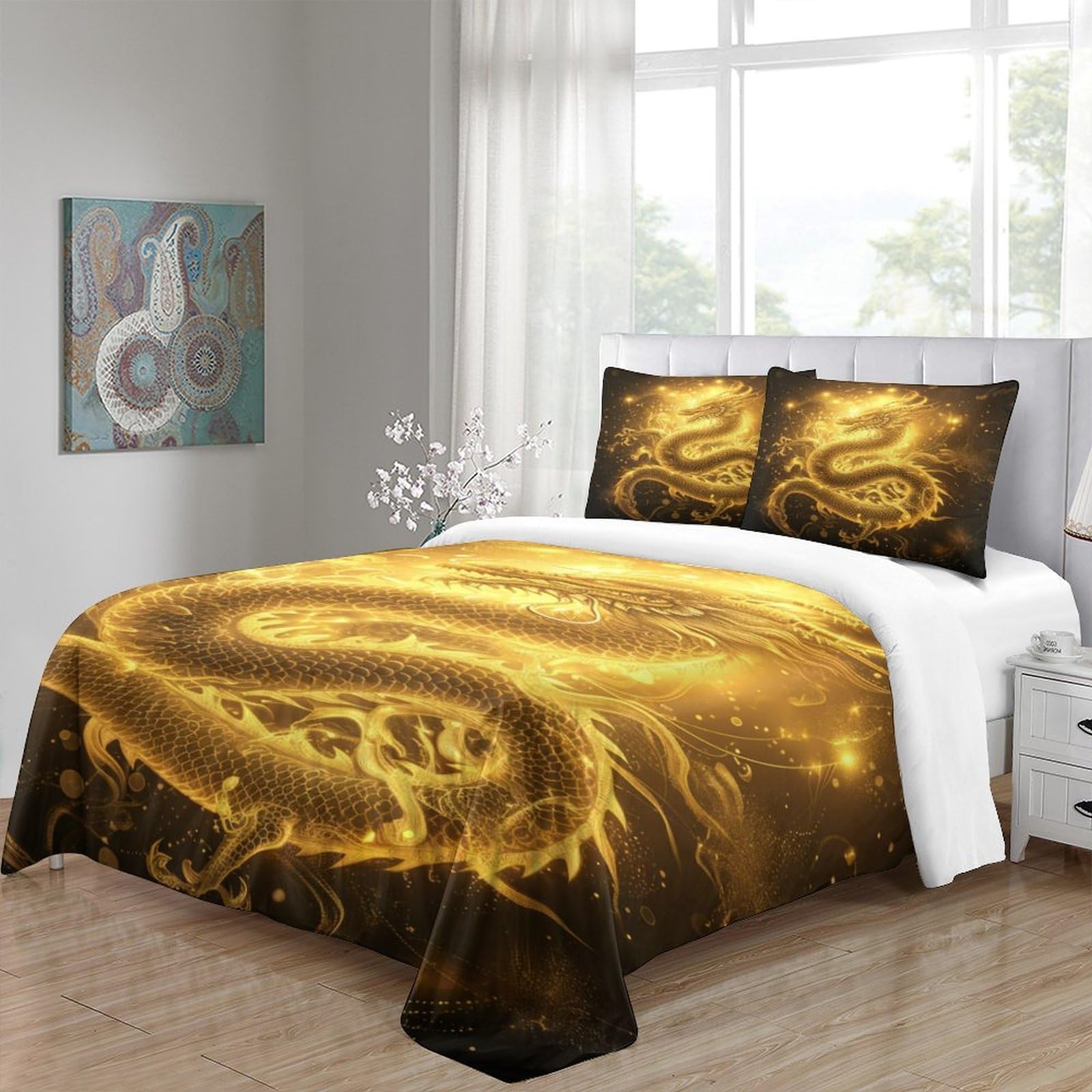 Stampato in 3D Loong cinese Copertina Stampata Microfibra Disegnata Set Di Biancheria Da Letto Con Chiusura A Cerniera Con 2 Federe,Double（200x200cm）, Per Ragazzi Adulti