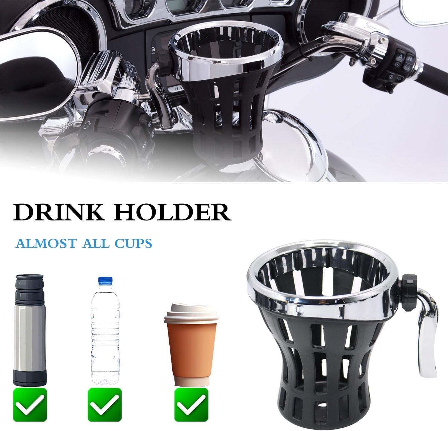 Motorcycle Drink Cup Holders Handlebar Mount with Mesh Basket for Yamaha Kawasaki Suzuki Indian Honda GL1800 GL1500 F6B Universal Water Bottle Holder for Gold Wing (Chrome)